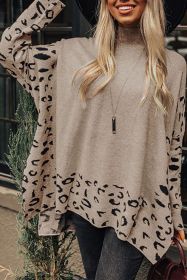 Khaki Leopard Casual Side Slit High Neck Oversized Sweater (size: (US 16-18)XL)