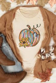 Khaki Casual Pumpkin with Flower Graphic T Shirt (size: (US 16-18)XL)