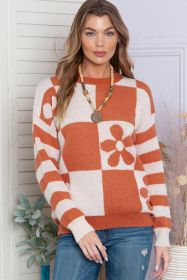 Brown 60s Floral Checkered and Striped Knitted Pullover Sweater (size: (US 16-18)XL)