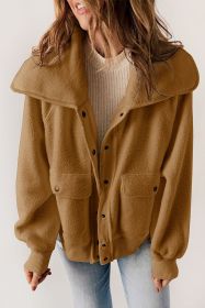 Brown Button Flap Pockets Collared Fleece Jacket (size: (US 16-18)XL)