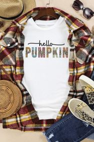 White Hello Pumpkin Halloween Crewneck Graphic T Shirt (size: (US 16-18)XL)