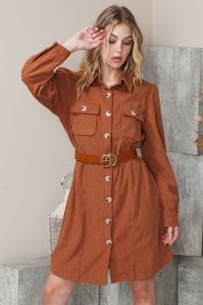 Khaki Flap Pockets Breasted Corduroy Shirt Short Dress (size: (US 4-6)S)