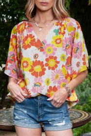Orange Floral Print V Neck Flutter Sleeve Blouse for Women (size: (US 16-18)XL)
