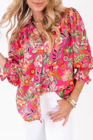 Pink Boho Floral Print Puff Sleeve Shirred Cuffs Blouse (size: (US 16-18)XL)