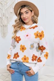 White Sweet 60s Flower Knitted Ribbed Hem Sweater (size: (US 16-18)XL)