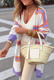 Beige Striped Long Sleeve Ribbed Trim Button Cardigan (size: (US 4-6)S)