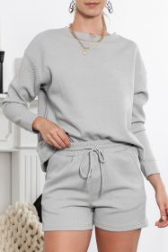 Gray Textured Long Sleeve Top & Drawstring Shorts Set (size: (US 16-18)XL)
