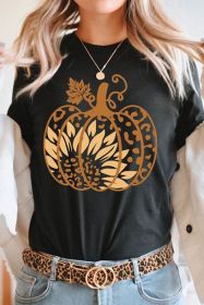 Black Halloween Sunflower Pumpkin Graphic Tee (size: (US 16-18)XL)