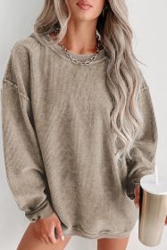 Khaki Solid Ribbed Round Neck Pullover Sweatshirt (size: (US 16-18)XL)