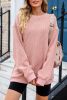 Pink Solid Ribbed Round Neck Pullover Sweatshirt