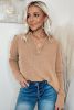 Brown V Neck Collared  Retro Waffle Long Sleeve Top