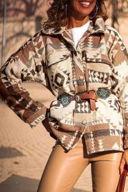 Brown Geometric Print Flap Pocket Jacket (size: (US 16-18)XL)