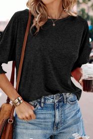 Black Plain Smocked 3/4 Sleeve Casual Loose T Shirt (size: (US 16-18)XL)
