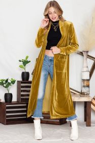 Yellow Velvet Elegant Open Front Pocket Long Cardigan (size: (US 16-18)XL)