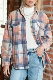Pink & Grey Plaid Button Up Collared Flannel Shacket (size: (US 16-18)XL)