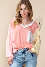 Rose Striped Color Block Splicing Long Sleeve Shirt (size: (US 16-18)XL)