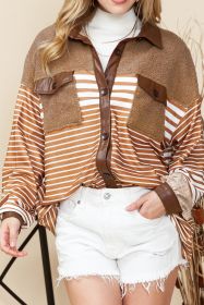 Khaki Faux Leather and Sherpa Striped Shirt Shacket (size: (US 16-18)XL)