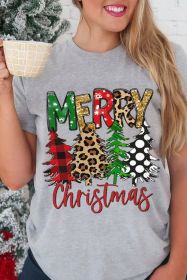 Gray Merry Christmas Tree Print Crew Neck Graphic Tee (size: (US 16-18)XL)