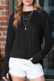 Black Plain Casual Thumbhole Long Sleeve Top (size: (US20-22)XXL)