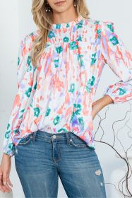 Multicolor Abstract Print Smocked Long Sleeve Blouse (size: (US 16-18)XL)