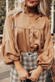 Brown Solid Color Lantern Sleeve Collared Boho Top (size: (US 16-18)XL)