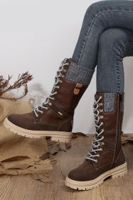 Coffee Wool Knit Patchwork Lace Up Leather Boots (size: (US 8.5)40)