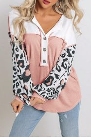 Pink Waffle Knit Leopard Sleeve Patchwork Henley Top (size: (US 16-18)XL)