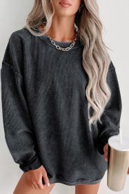 Black Plain Ribbed Round Neck Pullover Sweatshirt (size: (US 16-18)XL)