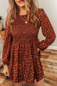 Brown Ditsy Floral Smocked Puff Sleeve Mini Dress (size: (US 16-18)XL)