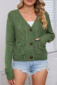 Green Pockets Buttons Textured Cropped Sweater Cardigan (size: (US 4-6)S)