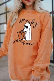 Orange Spooky Season Ghost Print Ribbed Pullover Sweatshirt (size: (US 16-18)XL)