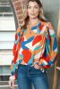 Multicolor Abstract Print Casual Puff Sleeve Blouse