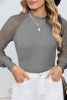 Gray Basic Crew Neck Dressy Striped Mesh Long Sleeve Top