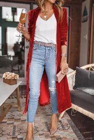Red Velvet Elegant Open Front Pocket Long Cardigan (size: (US 4-6)S)