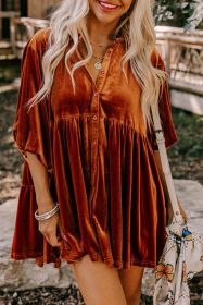 Chestnut Lantern Sleeve Tunic Babydoll Velvet Shirt (size: (US 20-22)XXL)