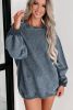 Blue Plain Solid Ribbed Knit Round Neck Pullover Sweatshirt