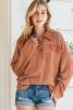 Brown Waffle Knit Button Contrast Trim Long Sleeve Top