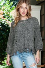 Grey Pocket Ripped Raw Hem Chunky Pullover Sweater (size: (US 16-18)XL)