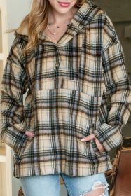 Khaki Plaid Button Neck Pocketed Pullover Hoodie (size: (US 16-18)XL)