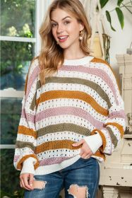 Multicolor Striped Hollowed Knitted Loose Sweater (size: (US 16-18)XL)