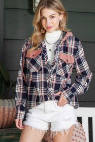 Pink Plaid Contrast Hooded Drawstring Shacket (size: (US 16-18)XL)