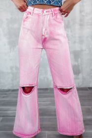 Pink Washed Rhinestone Cutout High Waist Wide Leg Jeans (size: 6)