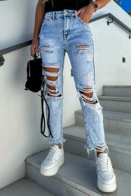 Sky Blue Acid Wash Distressed Slim Fit Jeans (size: 6)