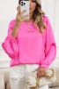 Pink Plain Satin Puff Long Sleeve Crewneck Blouse