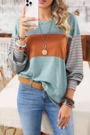 Green Colorblock Striped Bishop Sleeve Top with Side Slits (size: (US 16-18)XL)