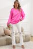 Pink Plain Satin Puff Long Sleeve Crewneck Blouse