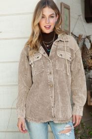 Khaki Patchwork Raw Hem Hooded Corduroy Jacket (size: (US 4-6)S)