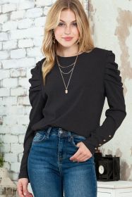 Black Plain Buttoned Puff Long Sleeve Sheath Top (size: (US 16-18)XL)