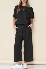 Black Textured Loose Fit T Shirt and Drawstring Pants Set (size: (US 16-18)XL)