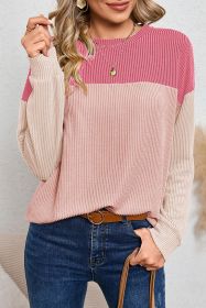Pink Color Block Ribbed Loose Long Sleeve Top (size: (US 16-18)XL)